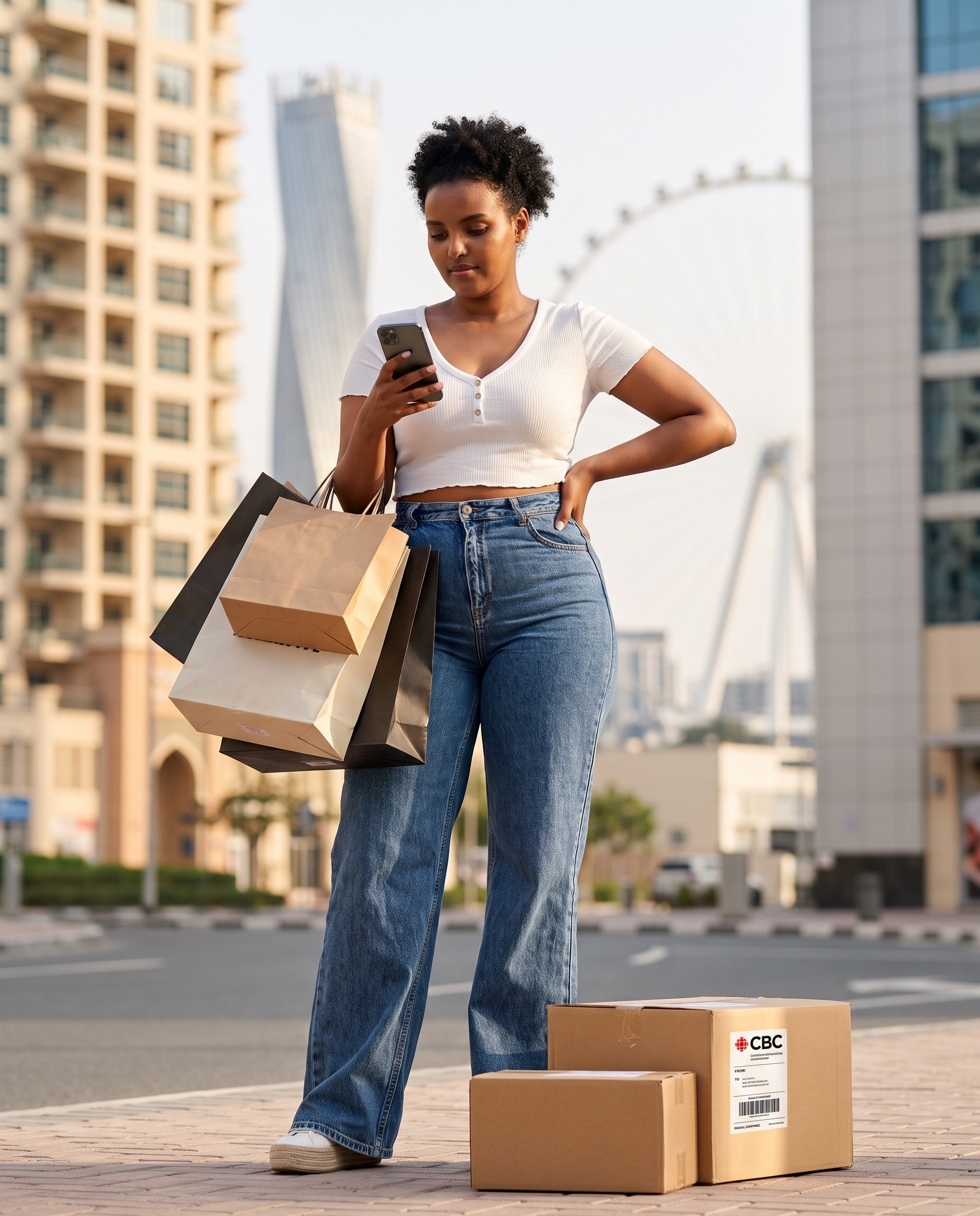 Shopper in Dubai with CBC packages ready to ship to Africa